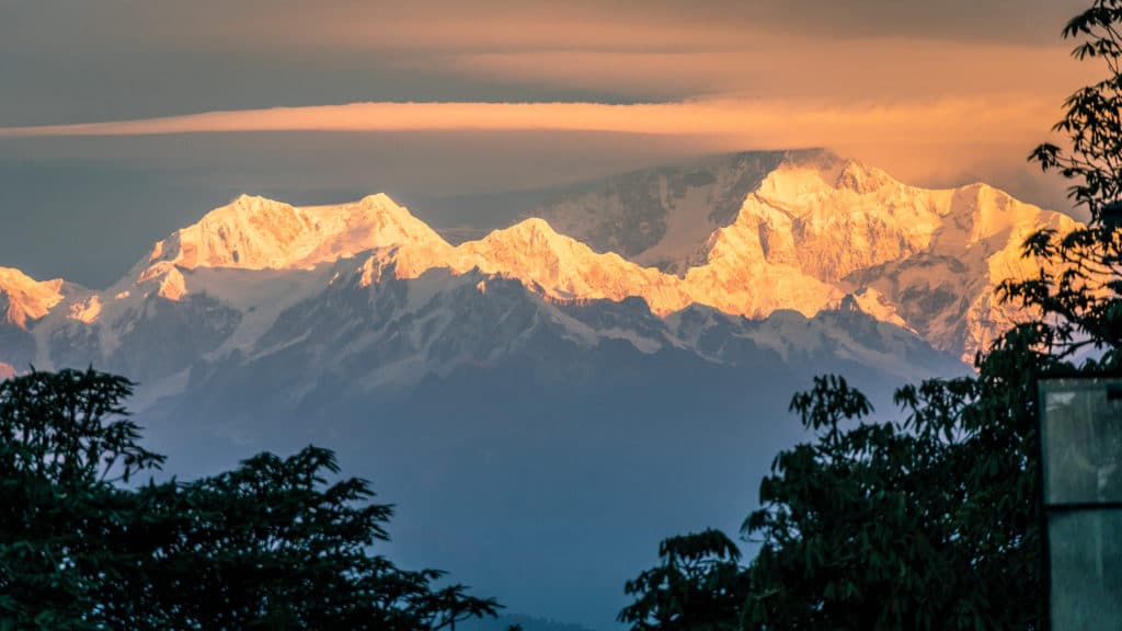 A pink sunrise on the slopes of of Mount Kanchenjunga, the third highest peak in the world.
